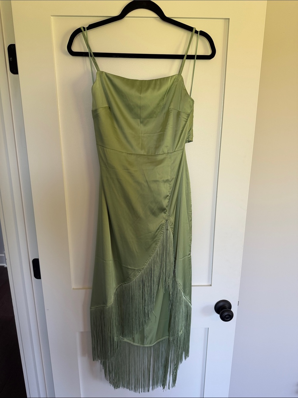 12th Tribe Satin Fringe Slip Dress in Sage Green